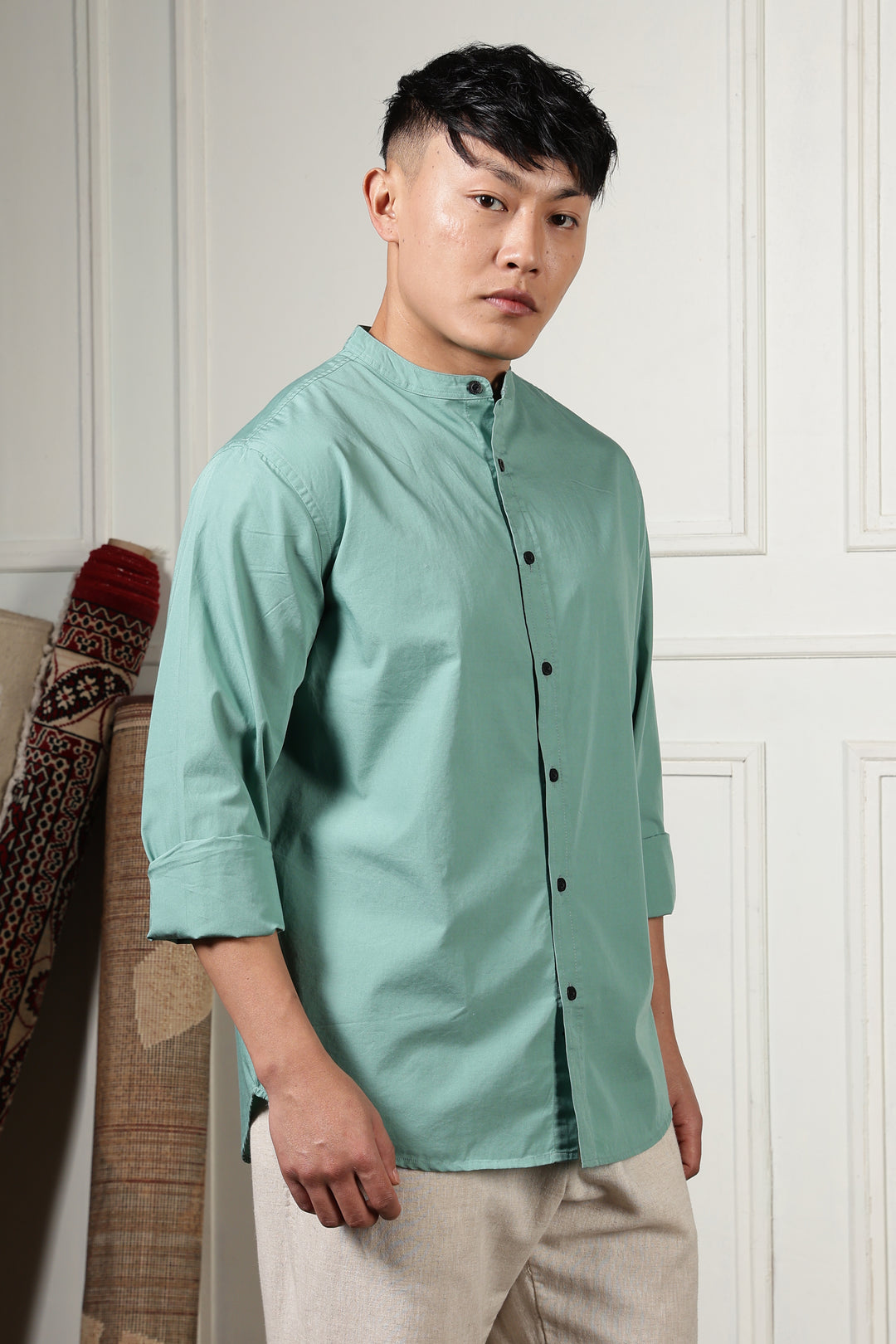 Mandarin Collar Green Shirt