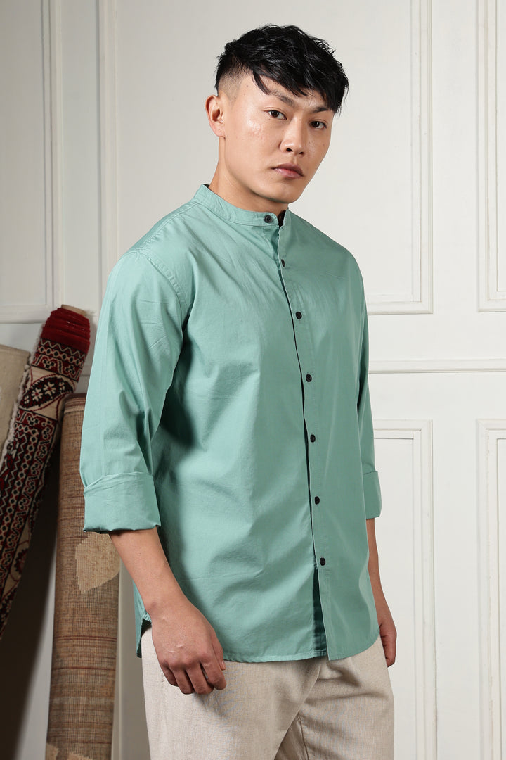 Mandarin Collar Green Shirt