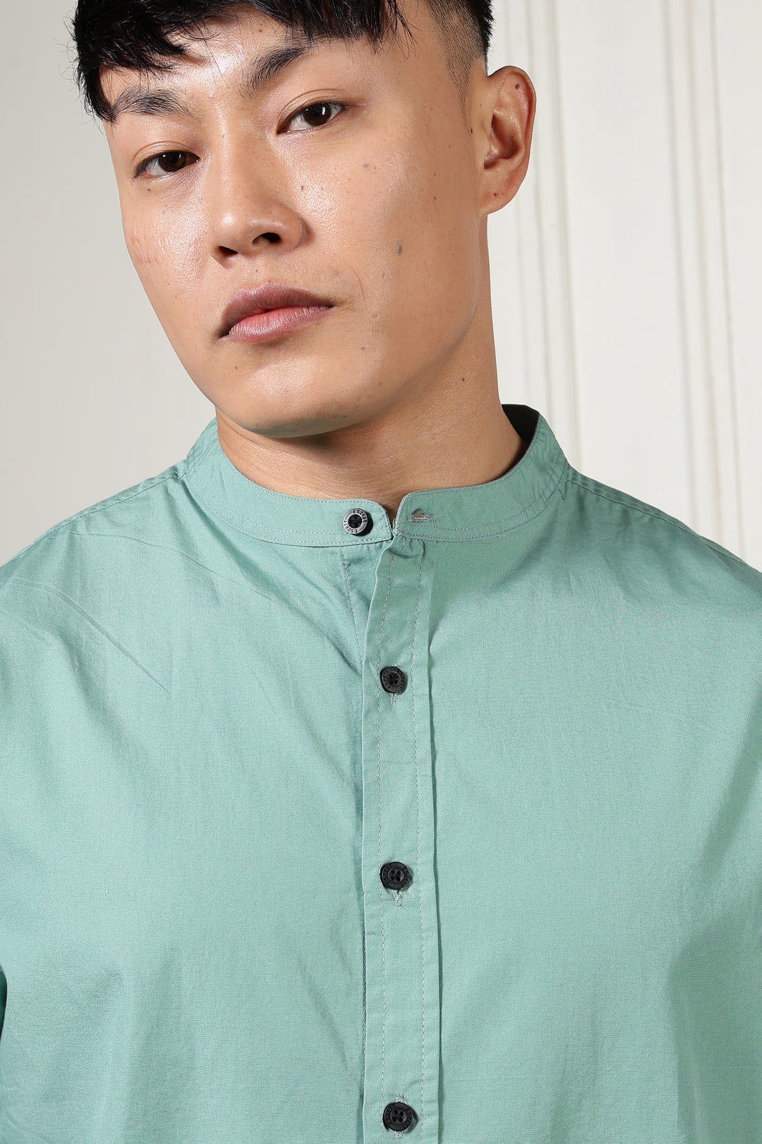 Mandarin Collar Green Shirt