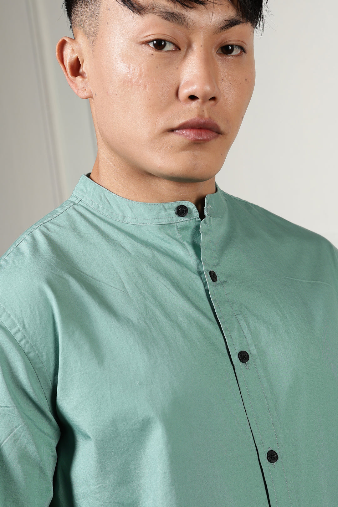 Mandarin Collar Green Shirt