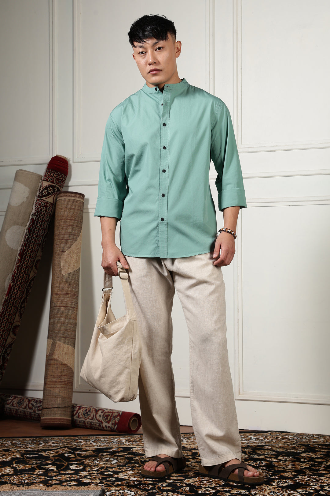 Mandarin Collar Green Shirt