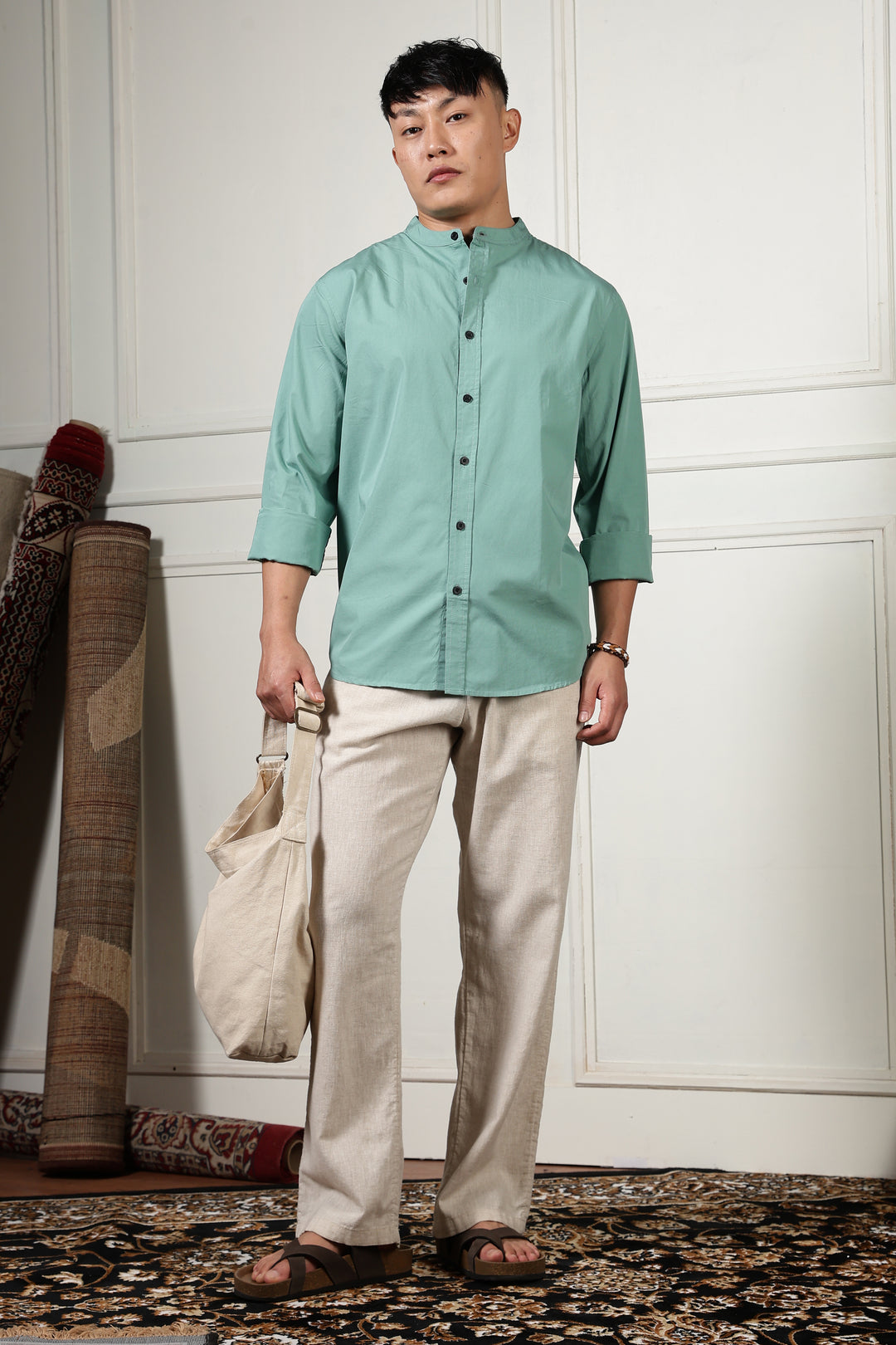 Mandarin Collar Green Shirt