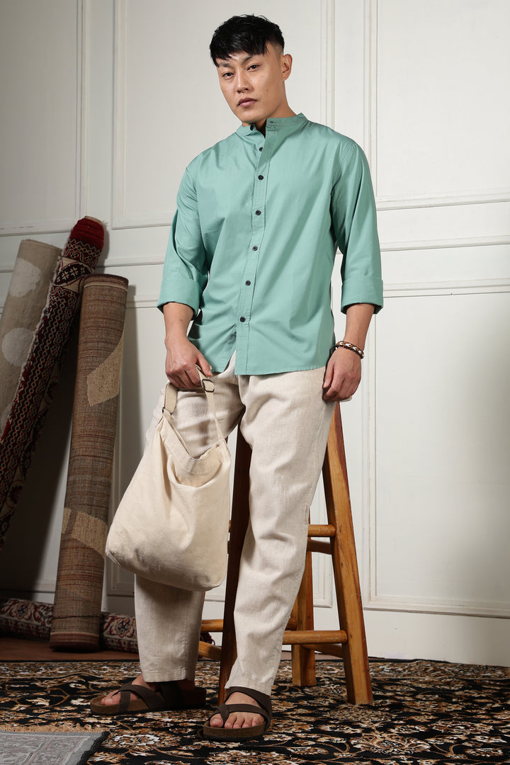 Mandarin Collar Green Shirt