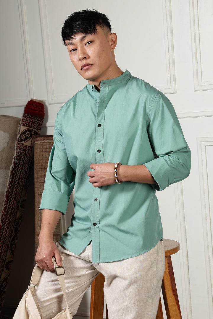 Mandarin Collar Green Shirt