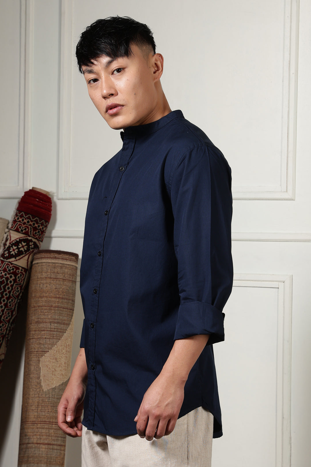 Mandarin Collar Navy Shirt