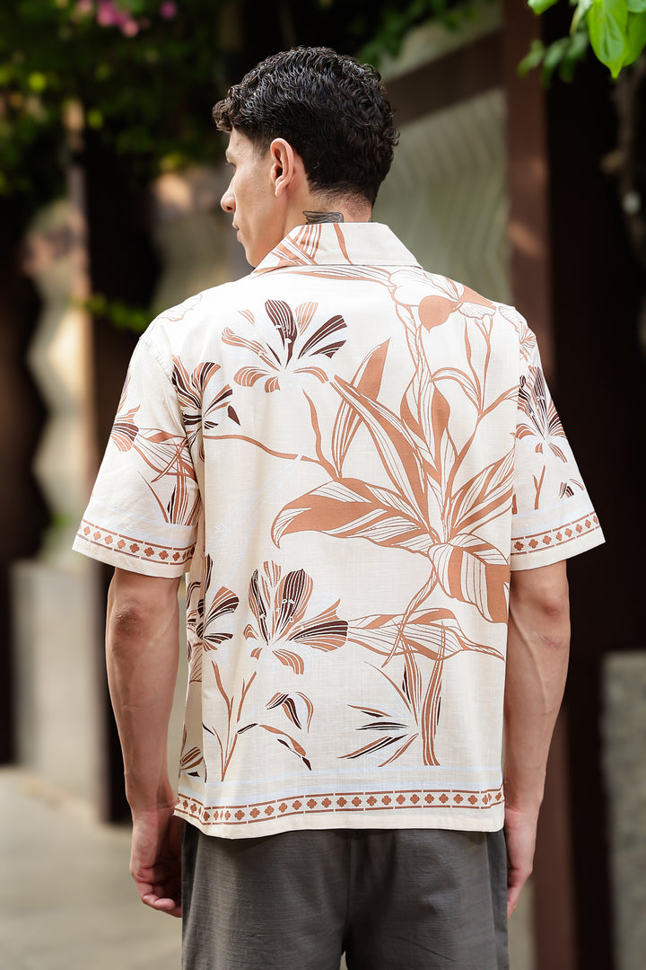 Woodcut Floral Printed Oversized Shirt