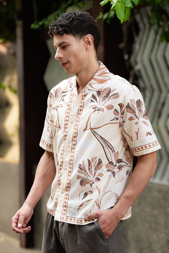 Woodcut Floral Printed Oversized Shirt
