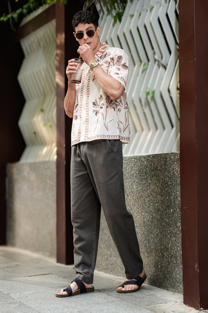 Woodcut Floral Printed Oversized Shirt