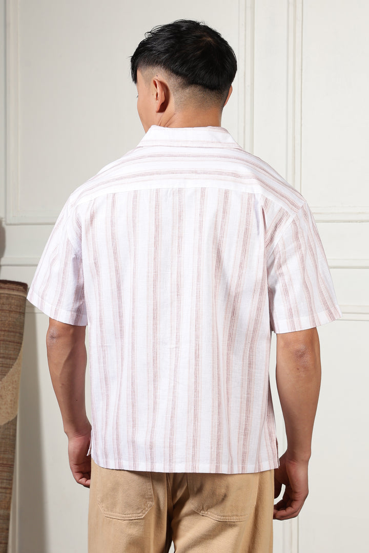 Boxy Fit: Aplique Flower Pink Stripes Cuban Shirt