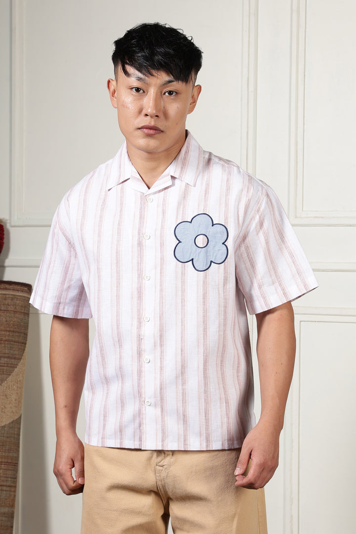 Boxy Fit: Aplique Flower Pink Stripes Cuban Shirt