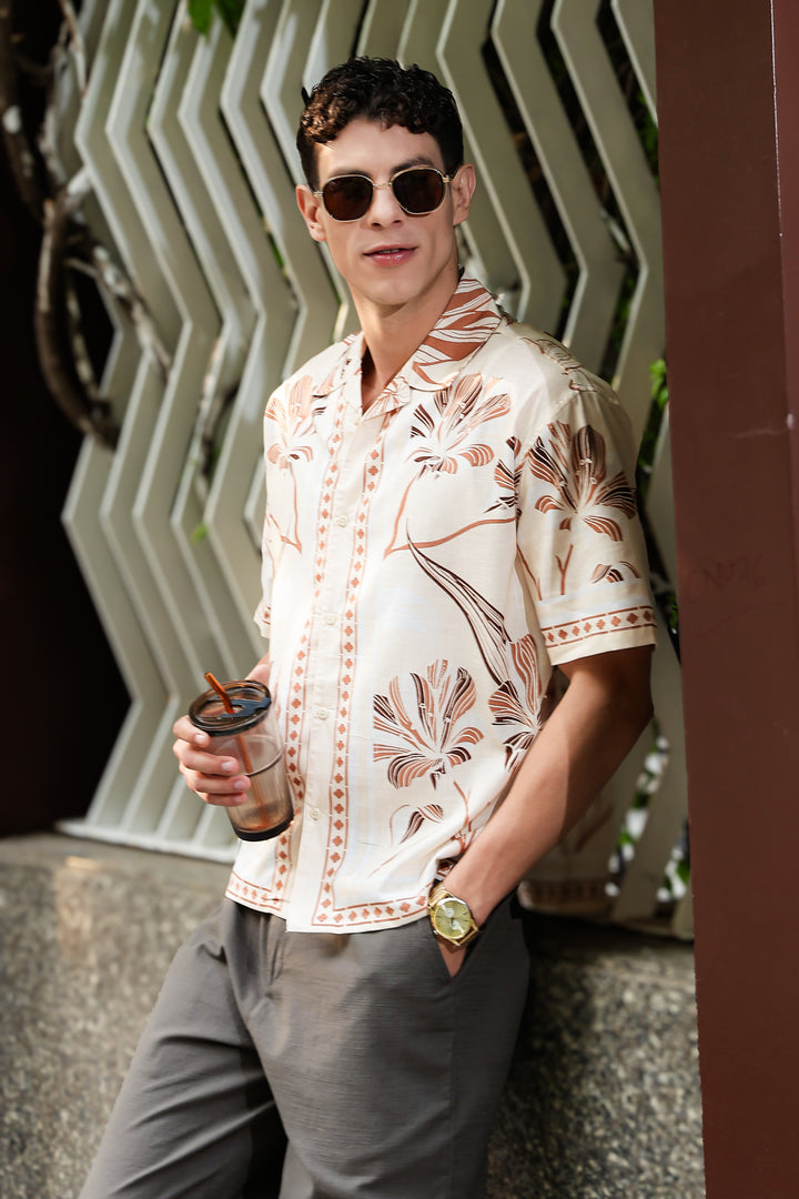 Woodcut Floral Printed Oversized Shirt
