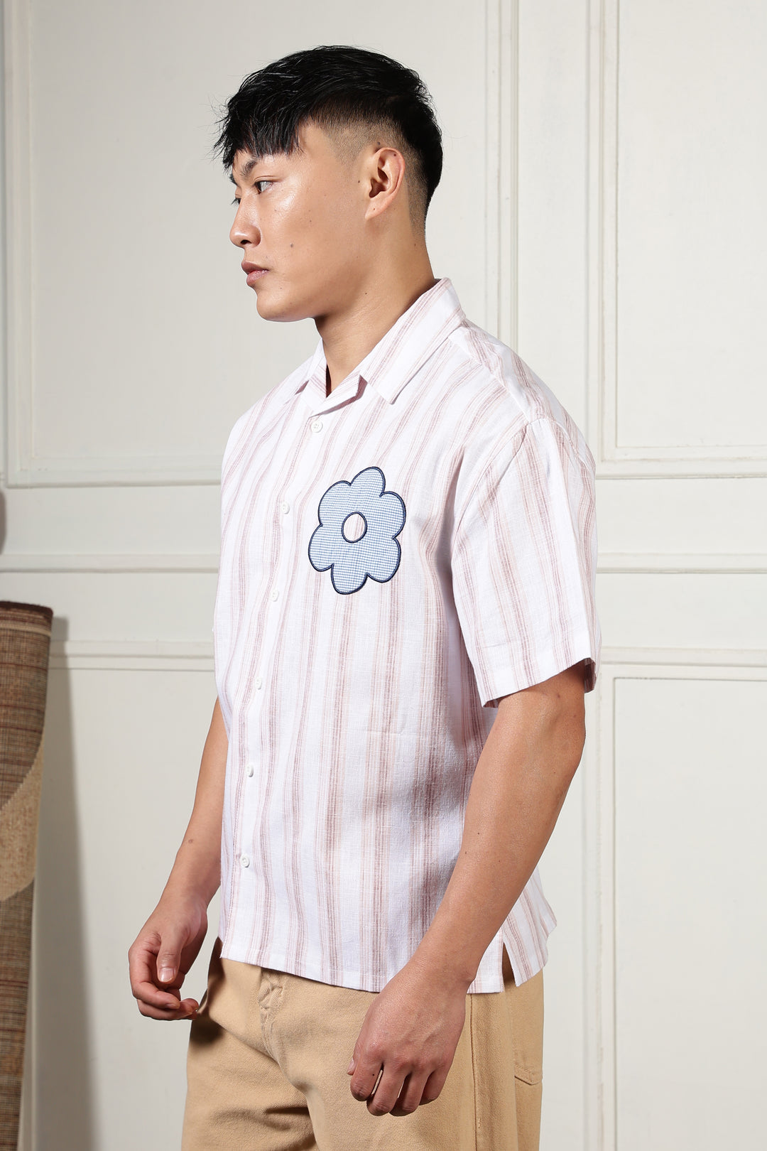 Boxy Fit: Aplique Flower Pink Stripes Cuban Shirt