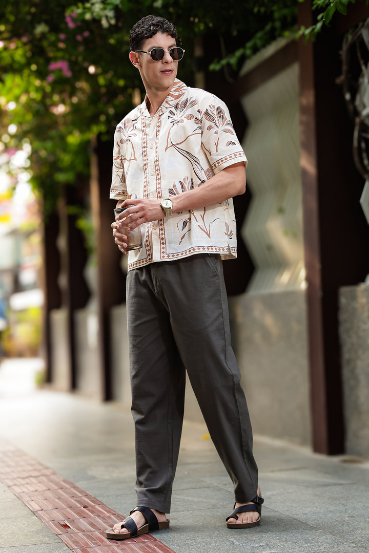 Woodcut Floral Printed Oversized Shirt