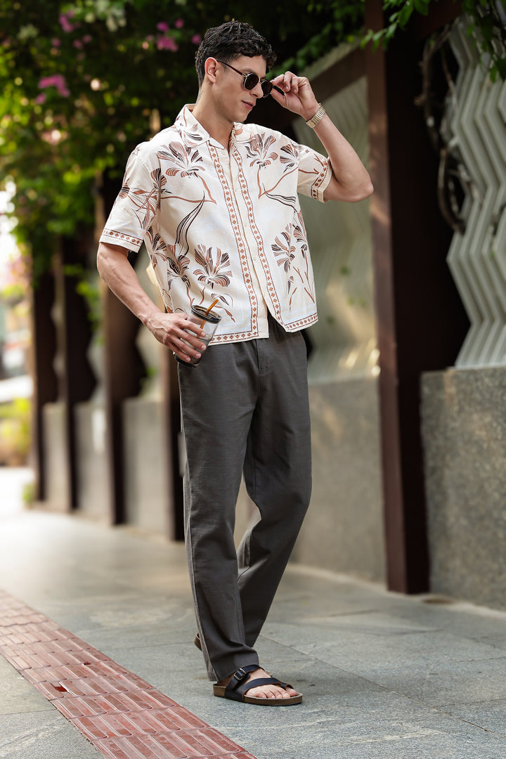 Woodcut Floral Printed Oversized Shirt
