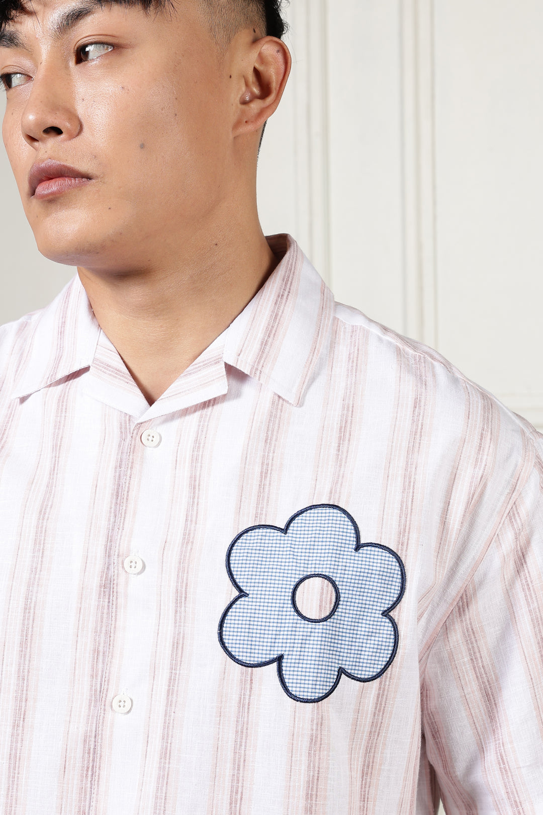 Boxy Fit: Aplique Flower Pink Stripes Cuban Shirt