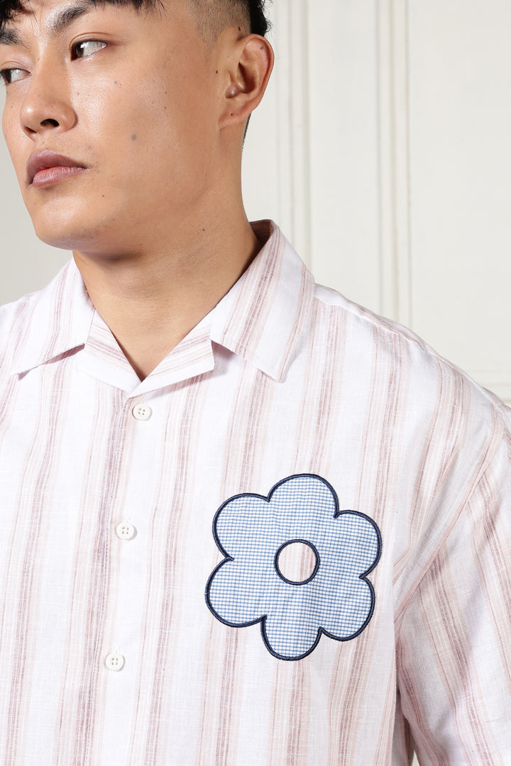 Boxy Fit: Aplique Flower Pink Stripes Cuban Shirt