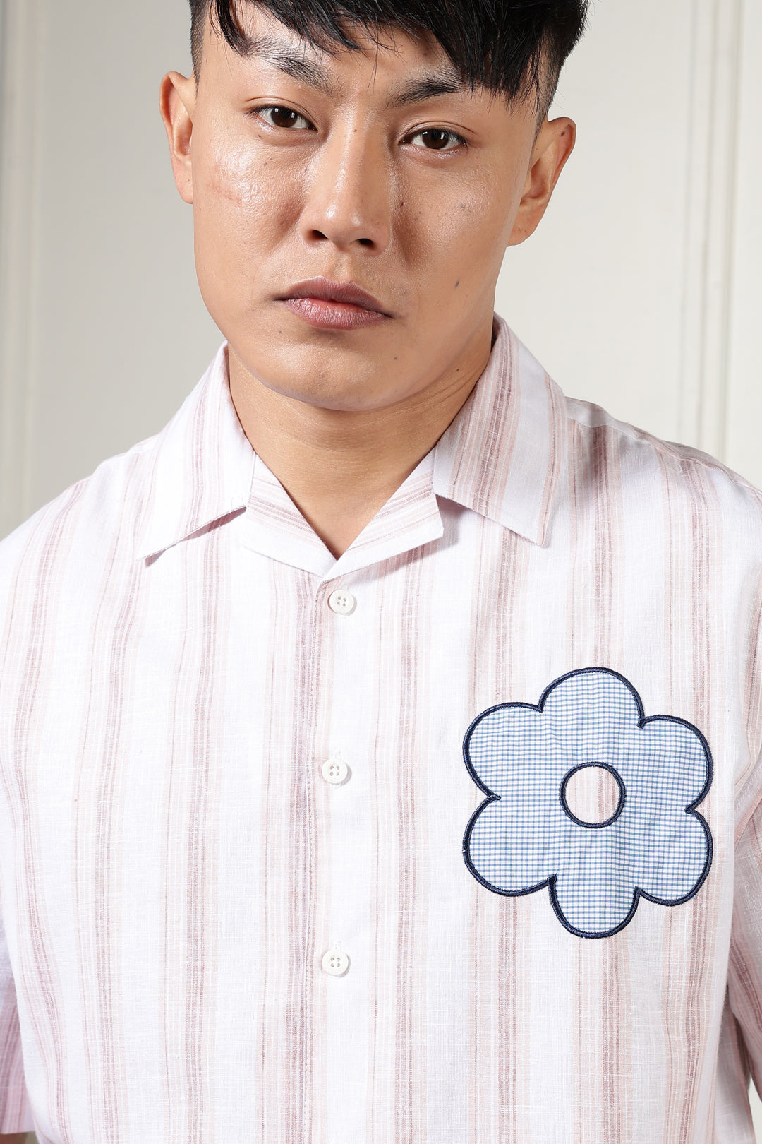 Boxy Fit: Aplique Flower Pink Stripes Cuban Shirt