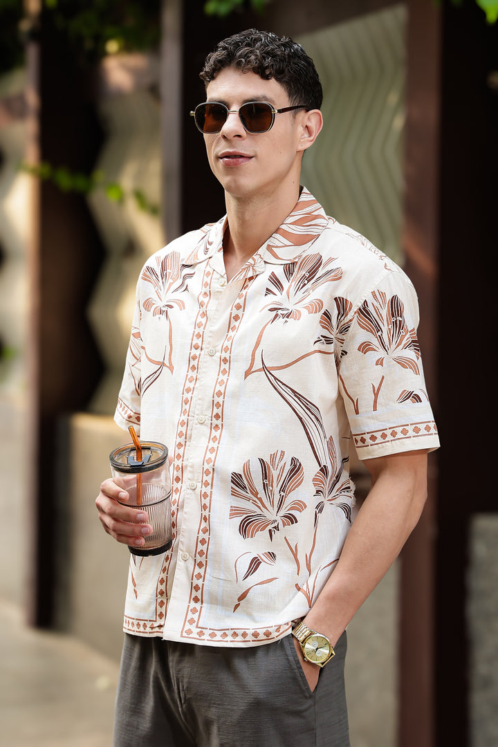 Woodcut Floral Printed Oversized Shirt