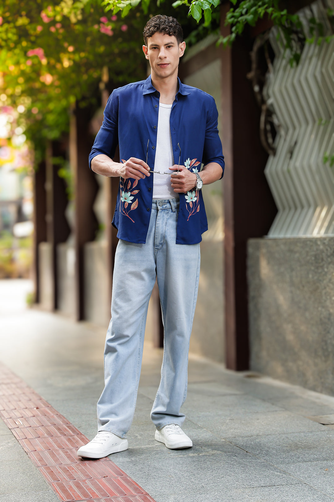 Botanical Print Blue Shirt