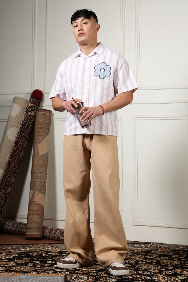 Boxy Fit: Aplique Flower Pink Stripes Cuban Shirt