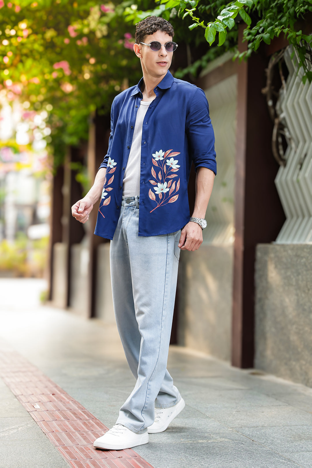 Botanical Print Blue Shirt