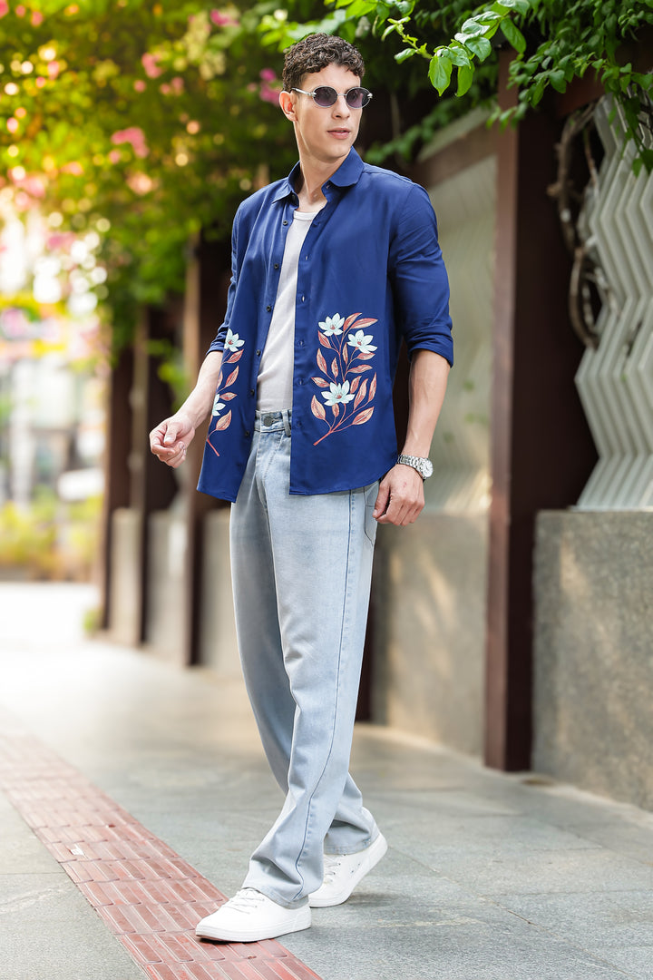Botanical Print Blue Shirt