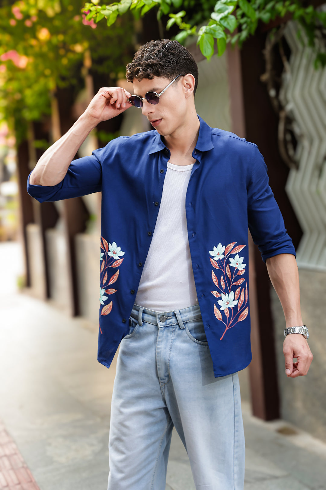 Botanical Print Blue Shirt