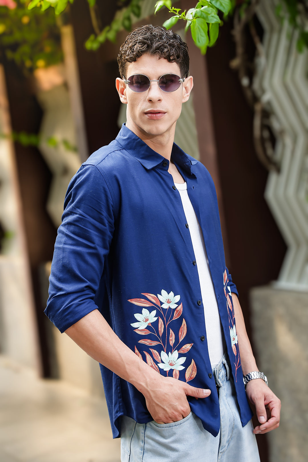 Botanical Print Blue Shirt