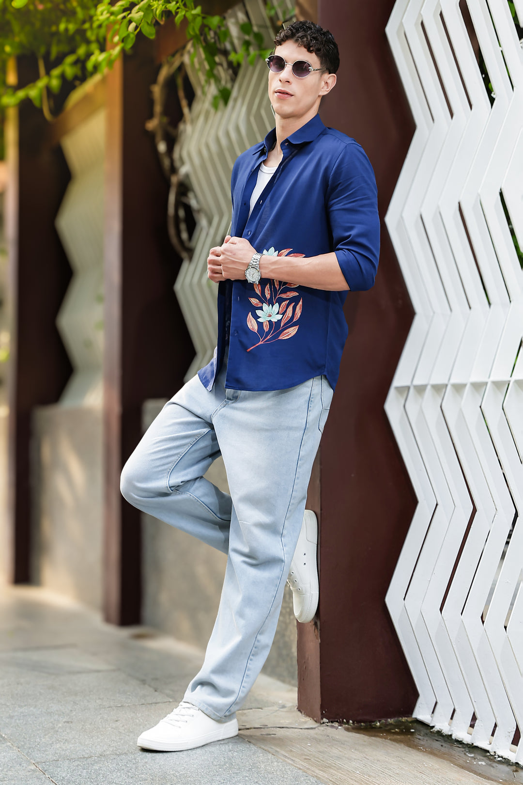 Botanical Print Blue Shirt