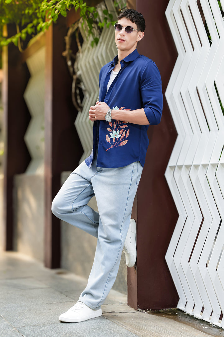 Botanical Print Blue Shirt