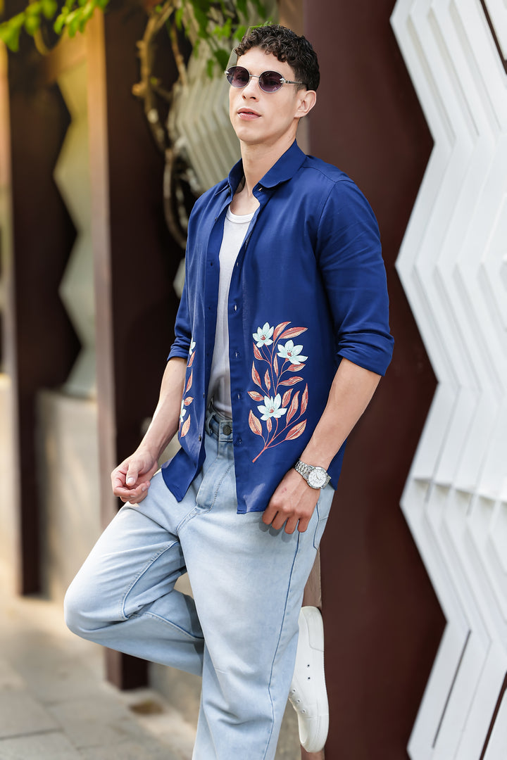 Botanical Print Blue Shirt