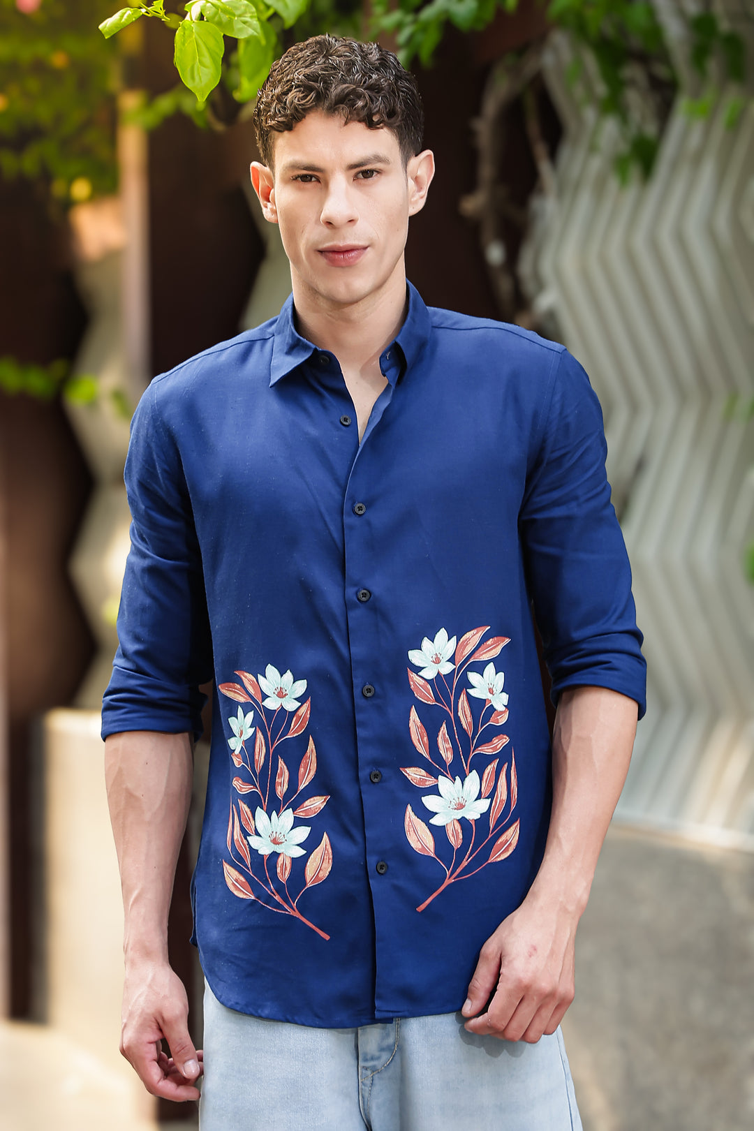 Botanical Print Blue Shirt