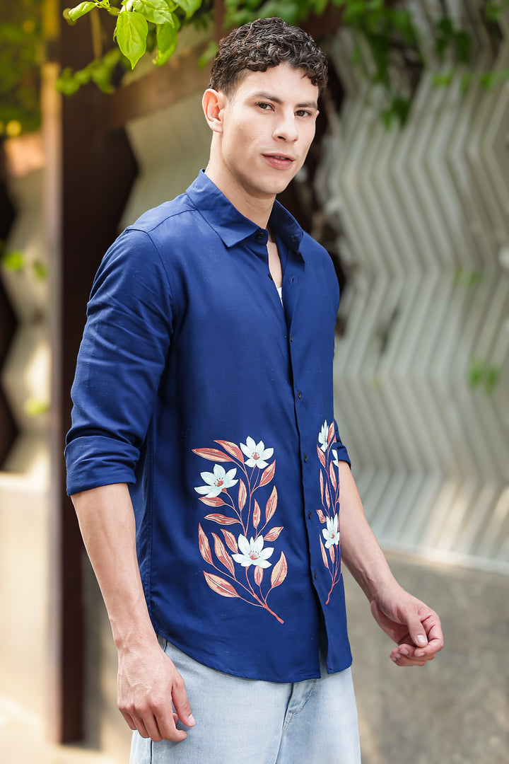 Botanical Print Blue Shirt