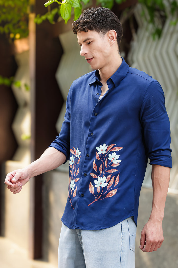 Botanical Print Blue Shirt
