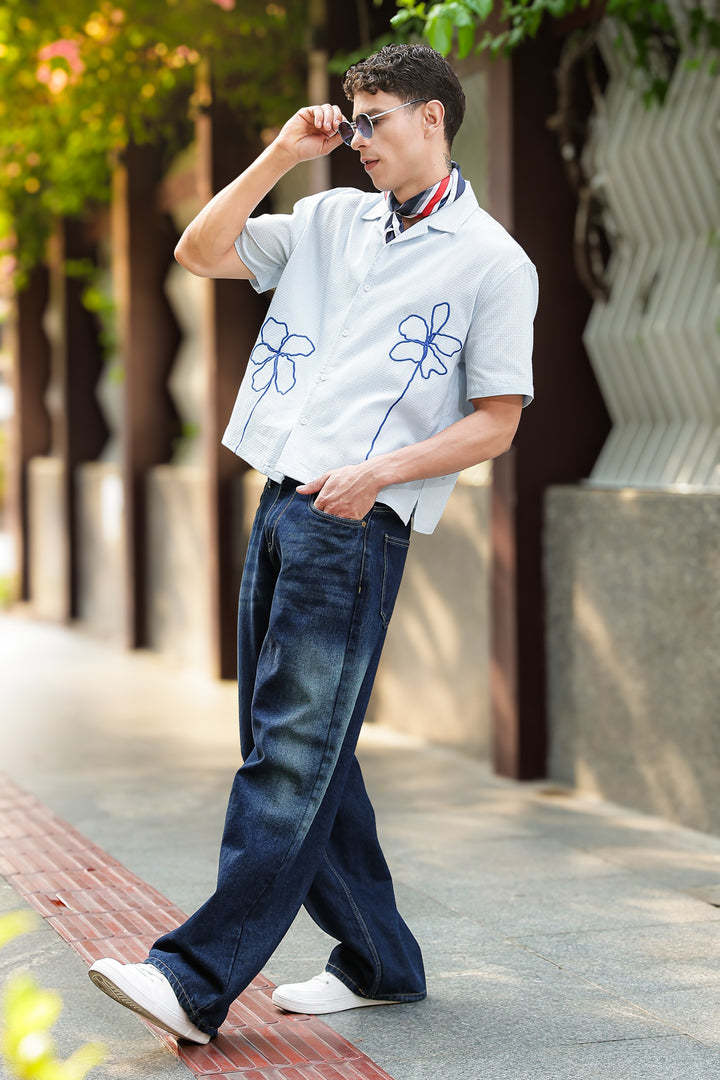 Doodles: Embroidery Blue Textured Fabric Oversized Shirt