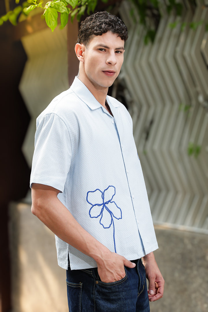 Doodles: Embroidery Blue Textured Fabric Oversized Shirt
