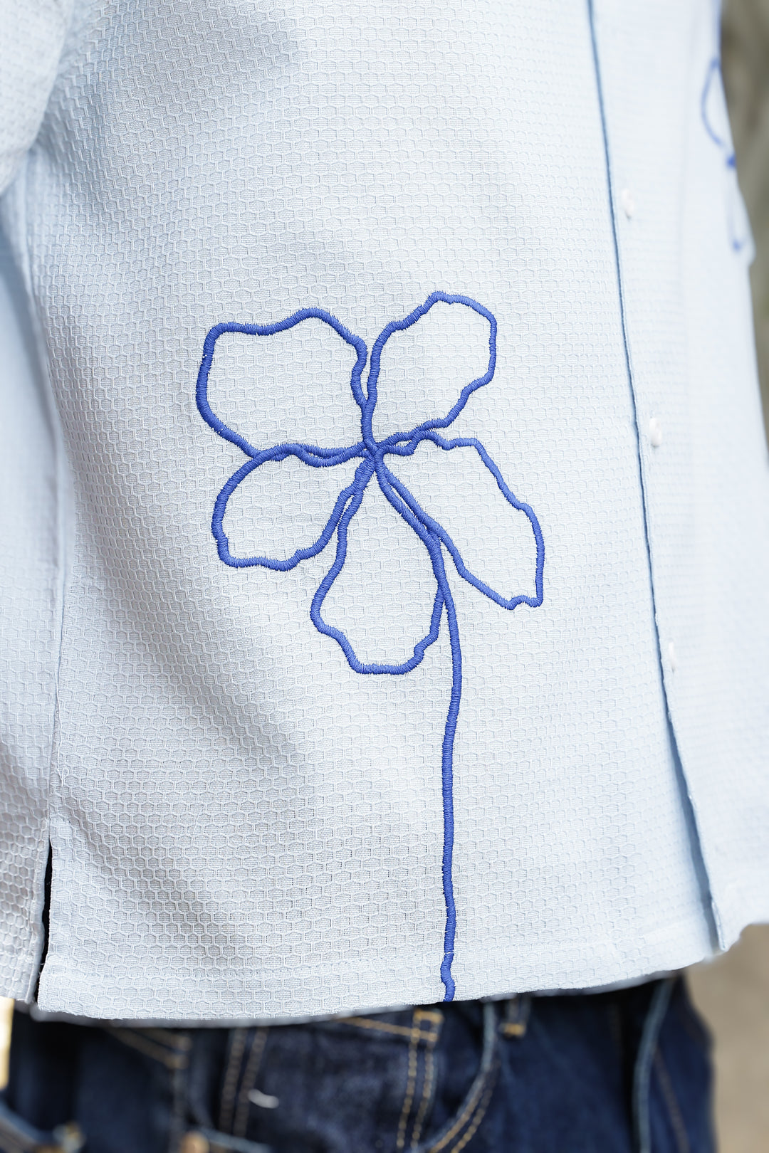 Doodles: Embroidery Blue Textured Fabric Oversized Shirt