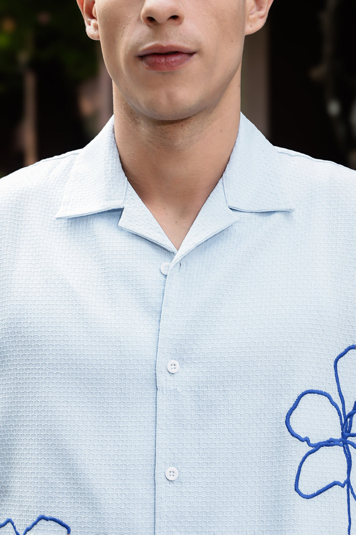 Doodles: Embroidery Blue Textured Fabric Oversized Shirt