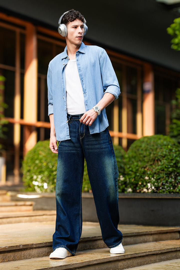 Solids : Ice Washed Blue Long Sleeve Shirt