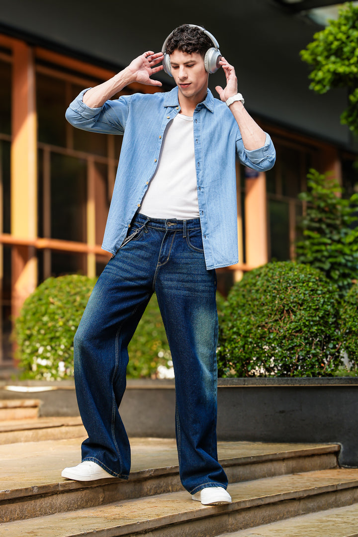 Solids : Ice Washed Blue Long Sleeve Shirt