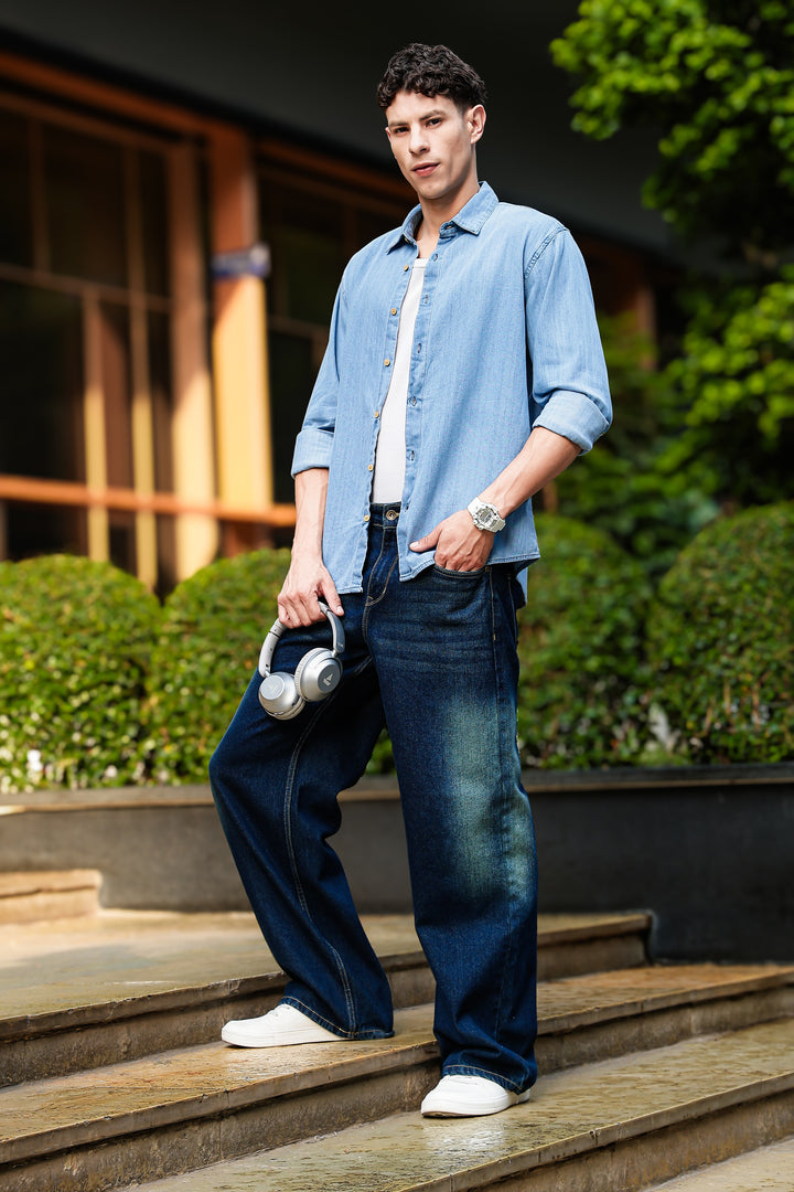 Solids : Ice Washed Blue Long Sleeve Shirt