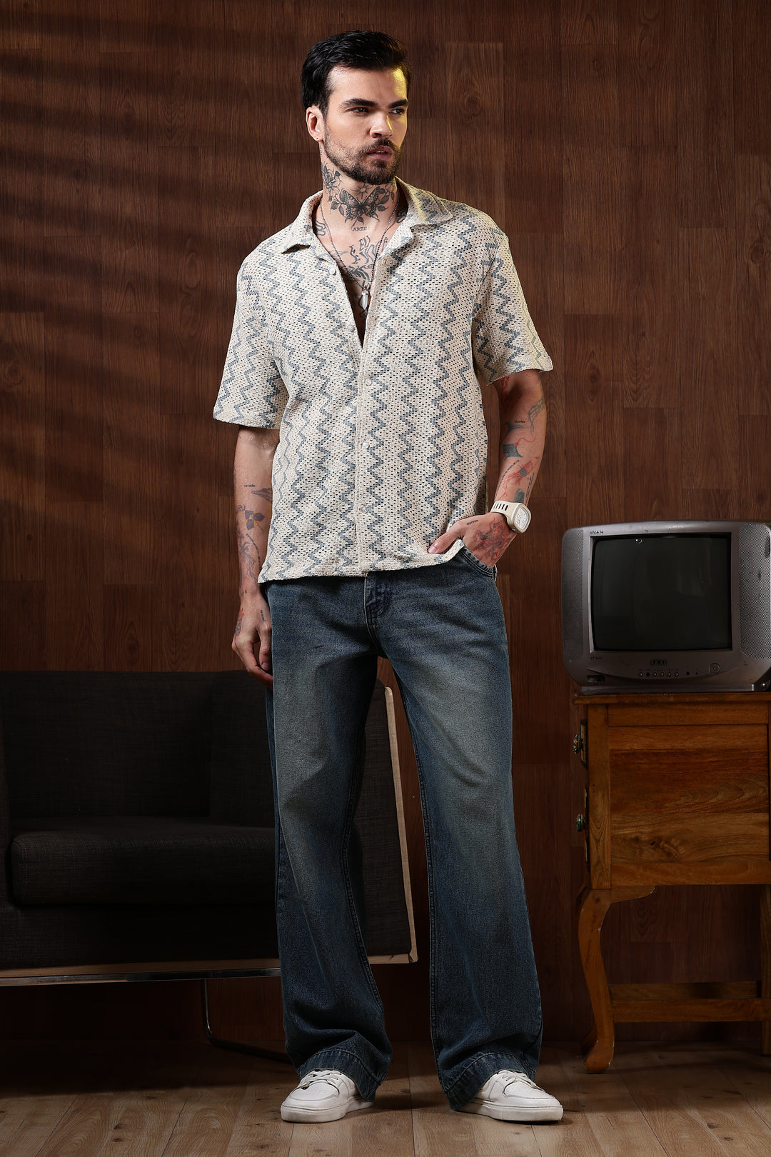 Blue Zig-Zag Crochet Shirt