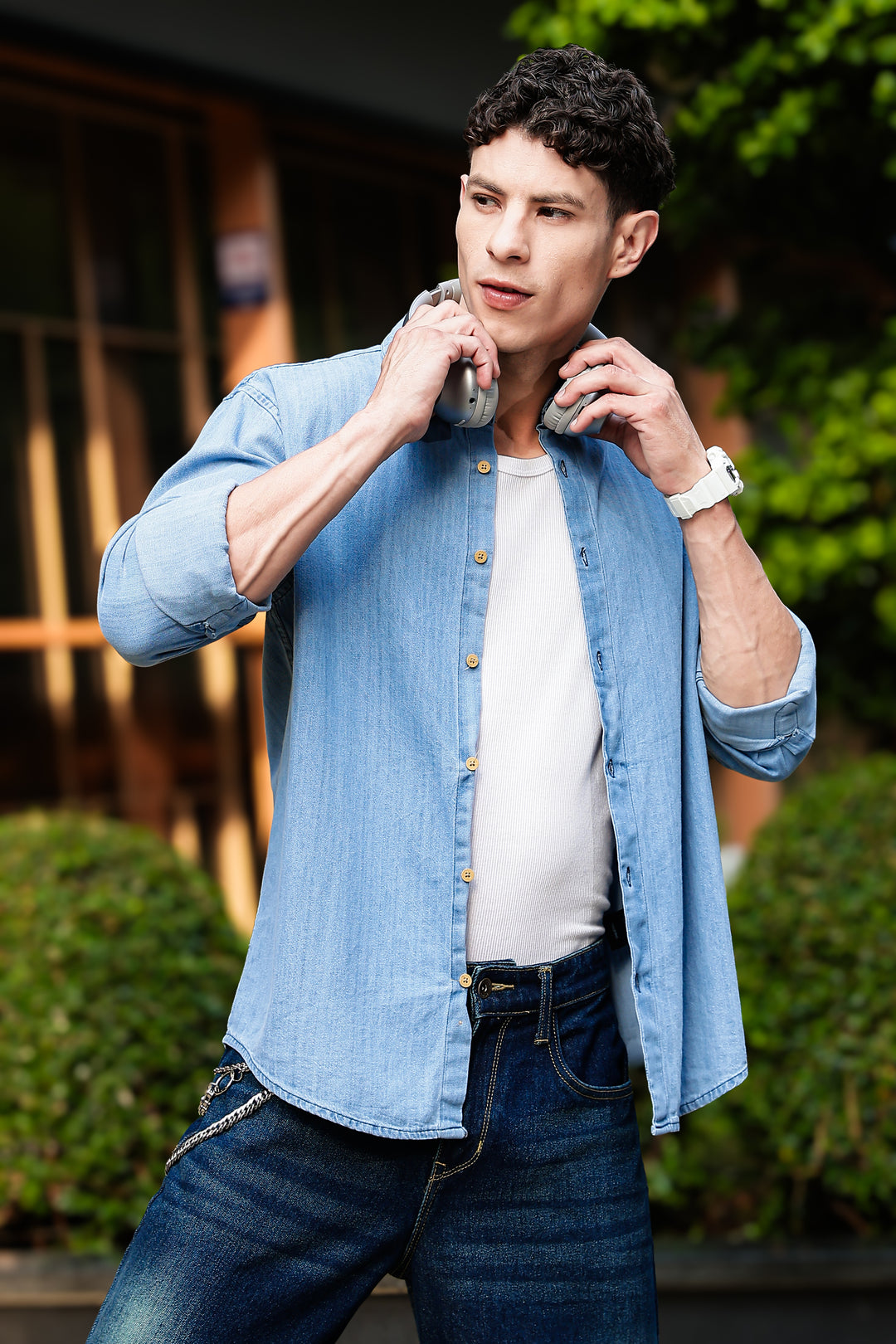 Solids : Ice Washed Blue Long Sleeve Shirt