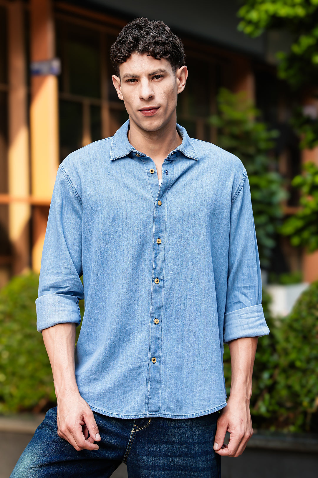 Solids : Ice Washed Blue Long Sleeve Shirt