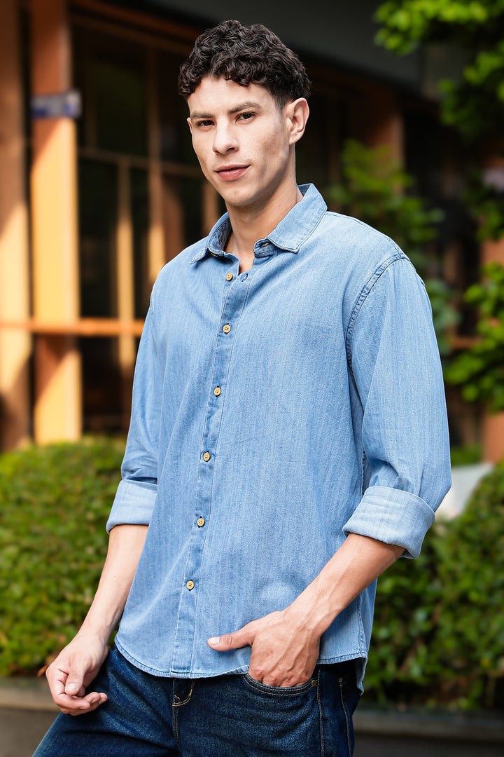 Solids : Ice Washed Blue Long Sleeve Shirt