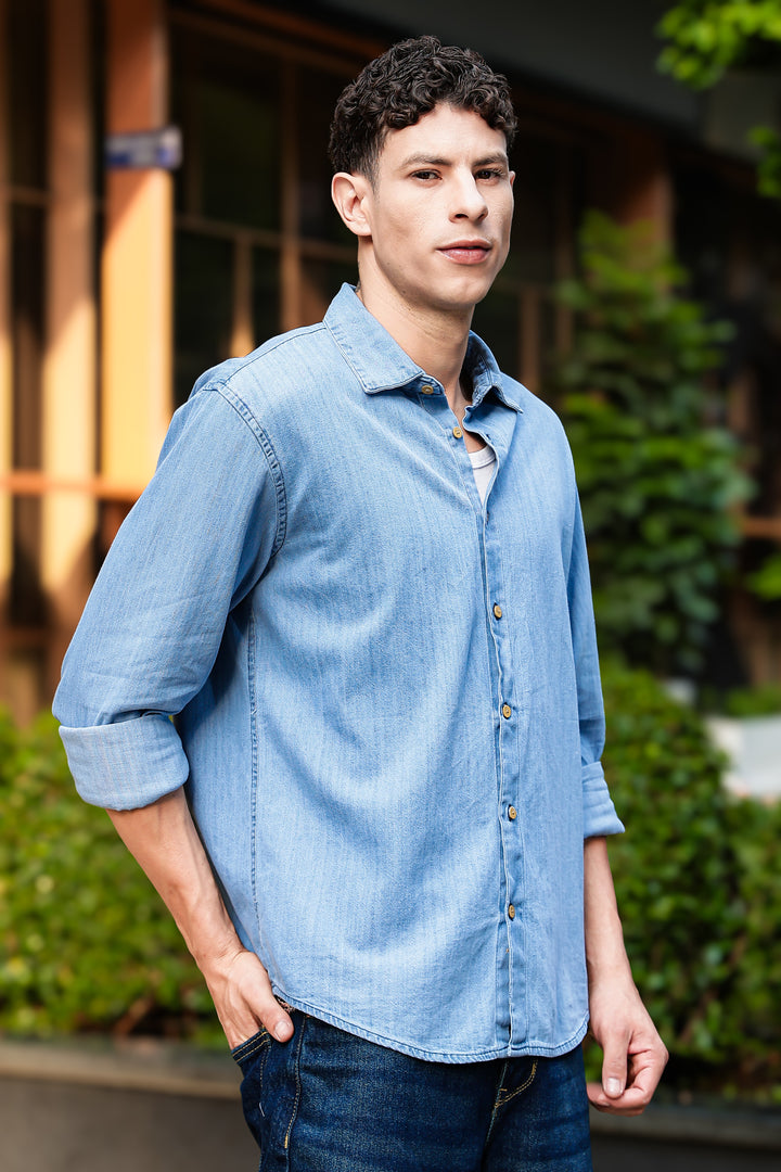 Solids : Ice Washed Blue Long Sleeve Shirt