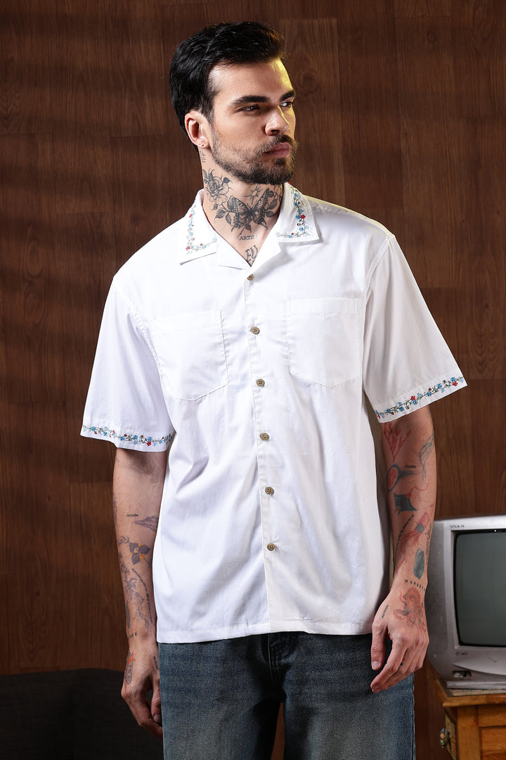 Floral Chain Embroidery: White Cuban Shirt