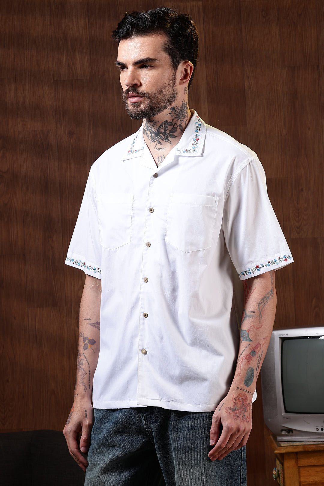 Floral Chain Embroidery: White Cuban Shirt