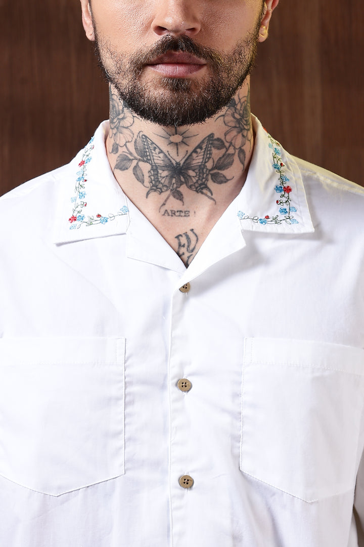 Floral Chain Embroidery: White Cuban Shirt