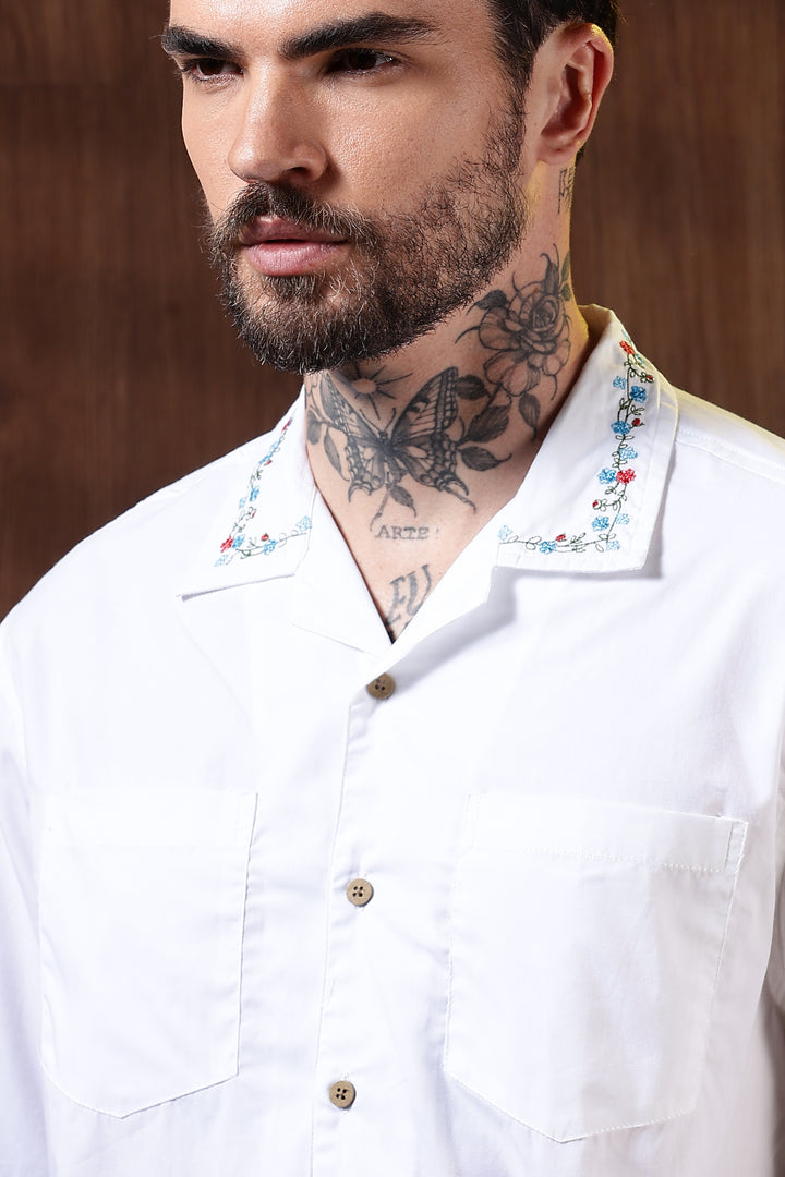Floral Chain Embroidery: White Cuban Shirt